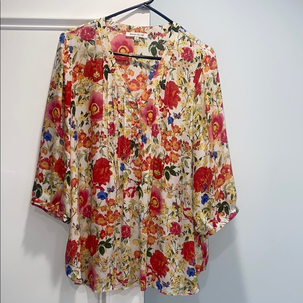 Rose & Olive Red Pink 3/4 Sleeve Tie Front Blouse